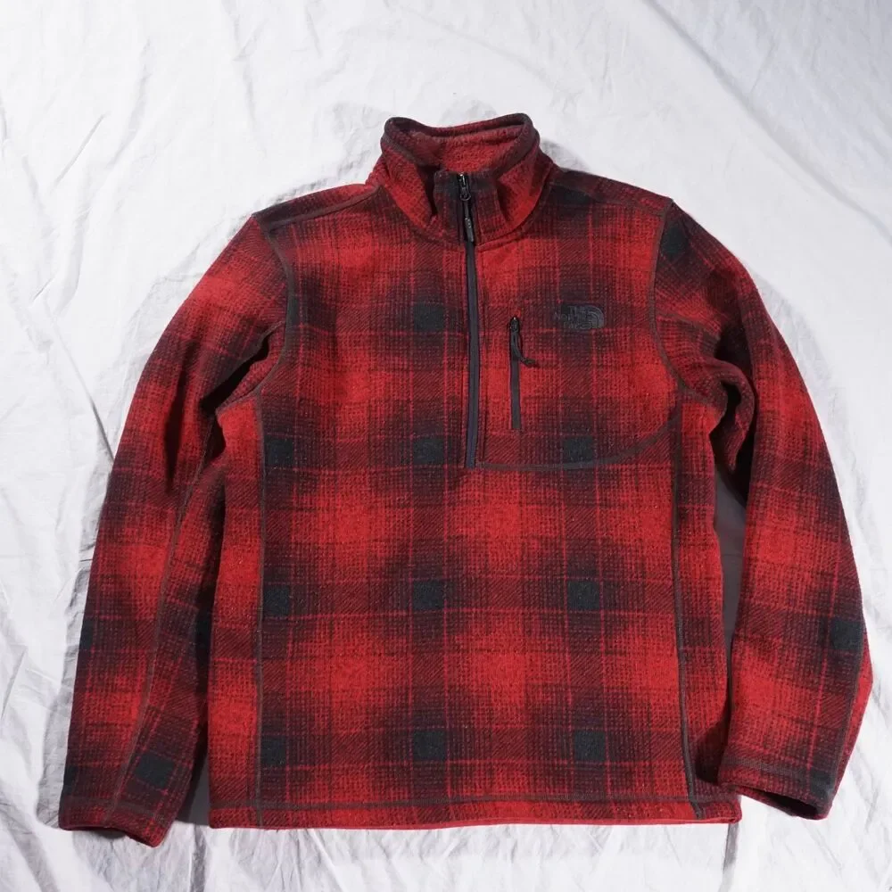 The North Face Quarter Zip Fleece Jacket Red Black Plaid Rare Mens Small